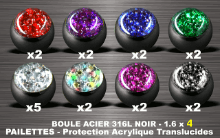 lot de 19 boules acier 316 l noir - 1.6 x 4 mm - pailettes avec protection acrylique translucide.