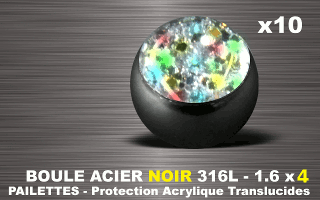 lot de 10 boules acier 316 l noir - 1.6 x 4 mm - pailettes avec protection acrylique translucide. irise