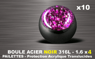 lot de 10 boules acier 316 l noir - 1.6 x 4 mm - pailettes avec protection acrylique translucide. rose