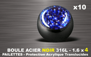 lot de 10 boules acier 316 l noir - 1.6 x 4 mm - pailettes avec protection acrylique translucide. bleu