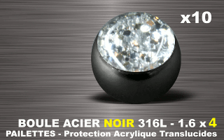 lot de 10 boules acier 316 l noir - 1.6 x 4 mm - pailettes avec protection acrylique translucide. cristal