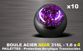 lot de 10 boules acier 316 l noir - 1.6 x 4 mm - pailettes avec protection acrylique translucide. amethyste