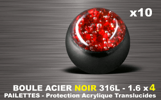 lot de 10 boules acier 316 l noir - 1.6 x 4 mm - pailettes avec protection acrylique translucide. rouge