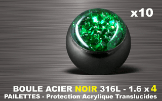 lot de 10 boules acier 316 l noir - 1.6 x 4 mm - pailettes avec protection acrylique translucide. vert