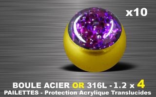 lot de 10 boules acier 316 l or - 1.2 x 4 mm - pailettes avec protection acrylique translucide. amethyste