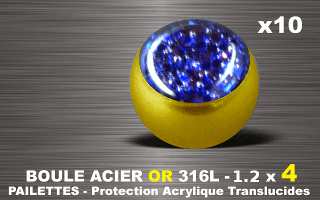 lot de 10 boules acier 316 l or - 1.2 x 4 mm - pailettes avec protection acrylique translucide. bleu