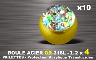 lot de 10 boules acier 316 l or - 1.2 x 4 mm - pailettes avec protection acrylique translucide. irise