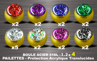 lot de 19 boules acier 316 l or - 1.2 x 4 mm - pailettes avec protection acrylique translucide.