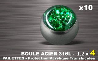 lot de 10 boules acier 316 l - 1.2 x 4 mm - pailettes avec protection acrylique translucide. vert