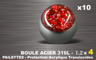 lot de 10 boules acier 316 l - 1.2 x 4 mm - pailettes avec protection acrylique translucide. rouge