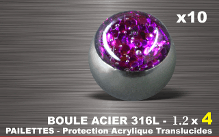 lot de 10 boules acier 316 l - 1.2 x 4 mm - pailettes avec protection acrylique translucide. amethyste