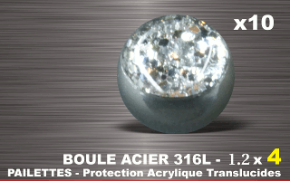lot de 10 boules acier 316 l - 1.2 x 4 mm - pailettes avec protection acrylique translucide. cristal