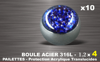 lot de 10 boules acier 316 l - 1.2 x 4 mm - pailettes avec protection acrylique translucide. bleu