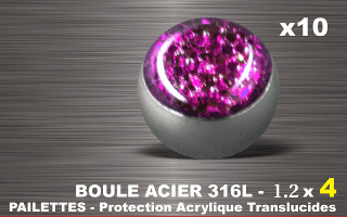 lot de 10 boules acier 316 l - 1.2 x 4 mm - pailettes avec protection acrylique translucide. rose
