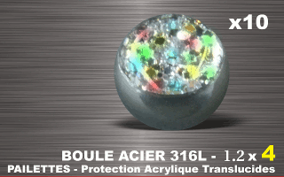 lot de 10 boules acier 316 l - 1.2 x 4 mm - pailettes avec protection acrylique translucide. irise