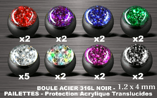 lot de 19 boules acier 316 l or - 1.2 x 4 mm - pailettes avec protection acrylique translucide.