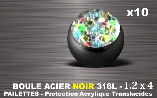 lot de 10 boules acier 316 l noir - 1.2 x 4 mm - pailettes avec protection acrylique translucide. irise