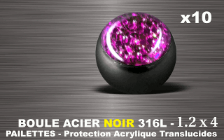 lot de 10 boules acier 316 l noir - 1.2 x 4 mm - pailettes avec protection acrylique translucide. rose