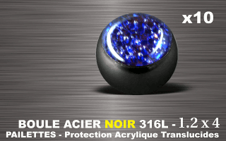 lot de 10 boules acier 316 l noir - 1.2 x 4 mm - pailettes avec protection acrylique translucide. bleu