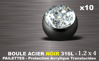 lot de 10 boules acier 316 l noir - 1.2 x 4 mm - pailettes avec protection acrylique translucide. cristal