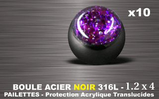 lot de 10 boules acier 316 l noir - 1.2 x 4 mm - pailettes avec protection acrylique translucide. amethyste