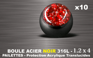 lot de 10 boules acier 316 l noir - 1.2 x 4 mm - pailettes avec protection acrylique translucide. rouge