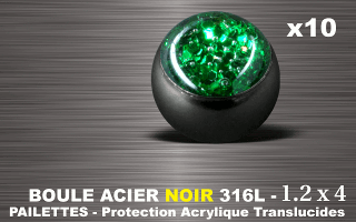 lot de 10 boules acier 316 l noir - 1.2 x 4 mm - pailettes avec protection acrylique translucide. vert