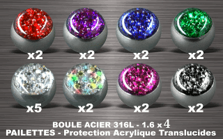 lot de 19 boules acier 316 l - 1.6 x 4 mm - pailettes avec protection acrylique translucide.