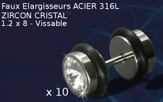 lot de 10 faux elargisseur acier 316 avec zircon cristal - 1.2 x 8 - diametre 8 mm