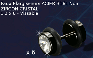 lot de 6 faux elargisseur acier 316 noir avec zircon cristal - 1.2 x 8 - diametre 8 mm