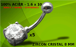 lot de 5 bananes acier 100% (barre + boule + sertissage) - cristral zirconium translucide - 1.6 x 10 - pierre ronde. 8 mm de diametre