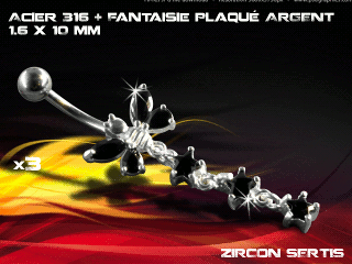 lot de 3 bananes 1.6 x 10 - acier 316 + fantaisie plaque argent 3 microns - top qualite - zircon sertis noir