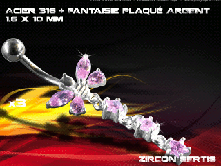 lot de 3 bananes 1.6 x 10 - acier 316 + fantaisie plaque argent 3 microns - top qualite - zircon sertis rose