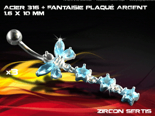 lot de 3 bananes 1.6 x 10 - acier 316 + fantaisie plaque argent 3 microns - top qualite - zircon sertis bleu ciel