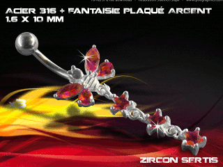 lot de 3 bananes 1.6 x 10 - acier 316 + fantaisie plaque argent 3 microns - top qualite - zircon sertis rouge vif