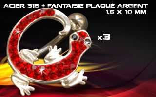 lot de 3 bananes inversees 1.6 x 10 - acier 316 + fantaisie plaque argent 3 microns - top qualite - zircon rouge vif - bananes inversee articulee