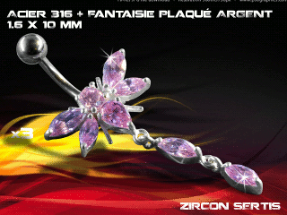 lot de 3 bananes 1.6 x 10 - acier 316 + fantaisie plaque argent 3 microns - top qualite - zircon sertis rose