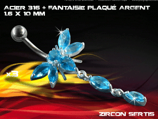 lot de 3 bananes 1.6 x 10 - acier 316 + fantaisie plaque argent 3 microns - top qualite - zircon sertis bleu ciel