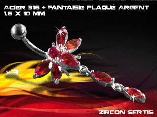 lot de 3 bananes 1.6 x 10 - acier 316 + fantaisie plaque argent 3 microns - top qualite - zircon sertis rouge vif