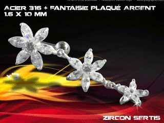 lot de 3 bananes inversees 1.6 x 10 - acier 316 + fantaisie plaque argent 3 microns - top qualite - zircon sertis cristal