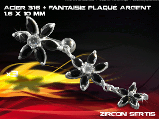 lot de 3 bananes inversees 1.6 x 10 - acier 316 + fantaisie plaque argent 3 microns - top qualite - zircon sertis noir