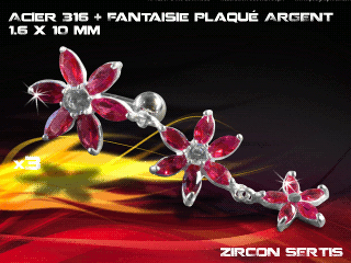 lot de 3 bananes inversees 1.6 x 10 - acier 316 + fantaisie plaque argent 3 microns - top qualite - zircon sertis rouge vif