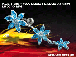 lot de 3 bananes inversees 1.6 x 10 - acier 316 + fantaisie plaque argent 3 microns - top qualite - zircon sertis bleu ciel
