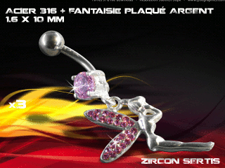 lot de 3 bananes 1.6 x 10 - acier 316 + fantaisie plaque argent 3 microns - top qualite - zircon sertis rose