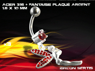 lot de 3 bananes 1.6 x 10 - acier 316 + fantaisie plaque argent 3 microns - top qualite - zircon sertis rouge vif