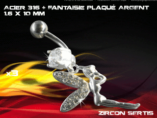 lot de 3 bananes 1.6 x 10 - acier 316 + fantaisie plaque argent 3 microns - top qualite - zircon sertis cristal