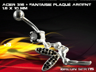 lot de 3 bananes 1.6 x 10 - acier 316 + fantaisie plaque argent 3 microns - top qualite - zircon sertis noir
