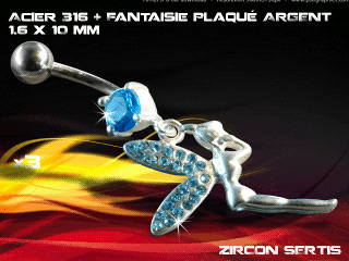 lot de 3 bananes 1.6 x 10 - acier 316 + fantaisie plaque argent 3 microns - top qualite - zircon sertis bleu ciel