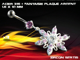 lot de 3 bananes 1.6 x 10 - acier 316 + fantaisie plaque argent 3 microns - top qualite - zircon sertis rose