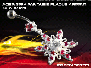 lot de 3 bananes 1.6 x 10 - acier 316 + fantaisie plaque argent 3 microns - top qualite - zircon sertis rouge vif
